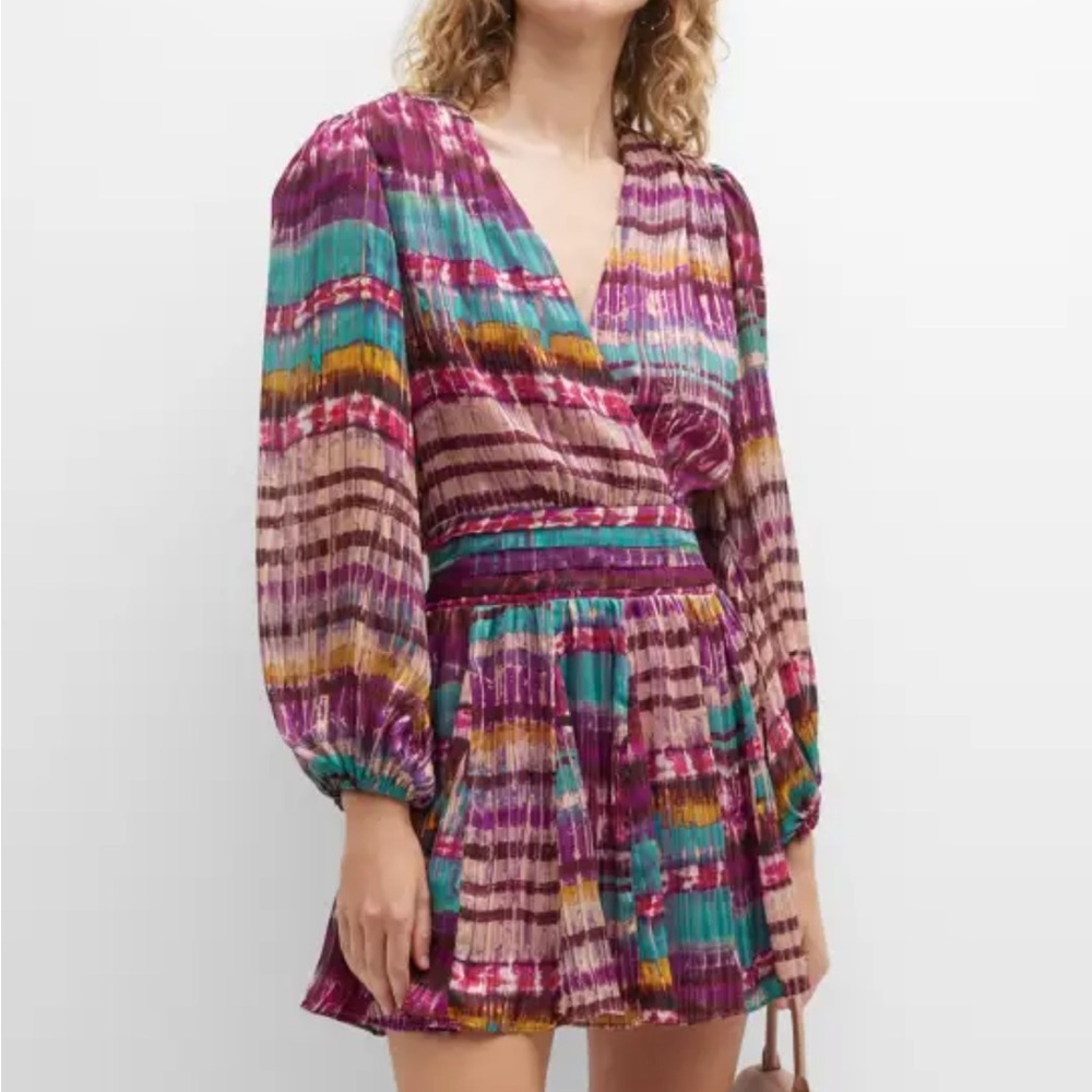 Ramy Brook $525 Stacie Long-Sleeve Mini Dress Size L Multi Color Purple Blue